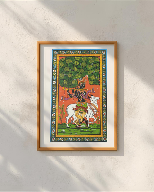 Krishna with His Sacred Cow – Handpainted Pattachitra