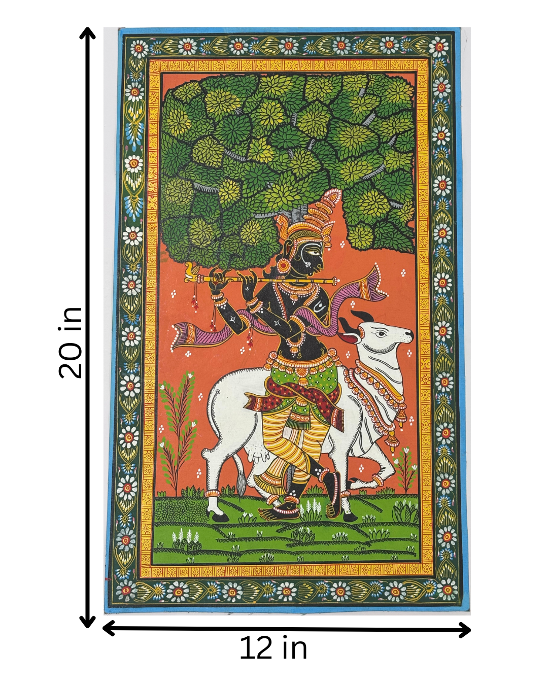 Krishna with His Sacred Cow – Handpainted Pattachitra