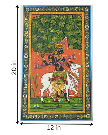 Krishna with His Sacred Cow – Handpainted Pattachitra