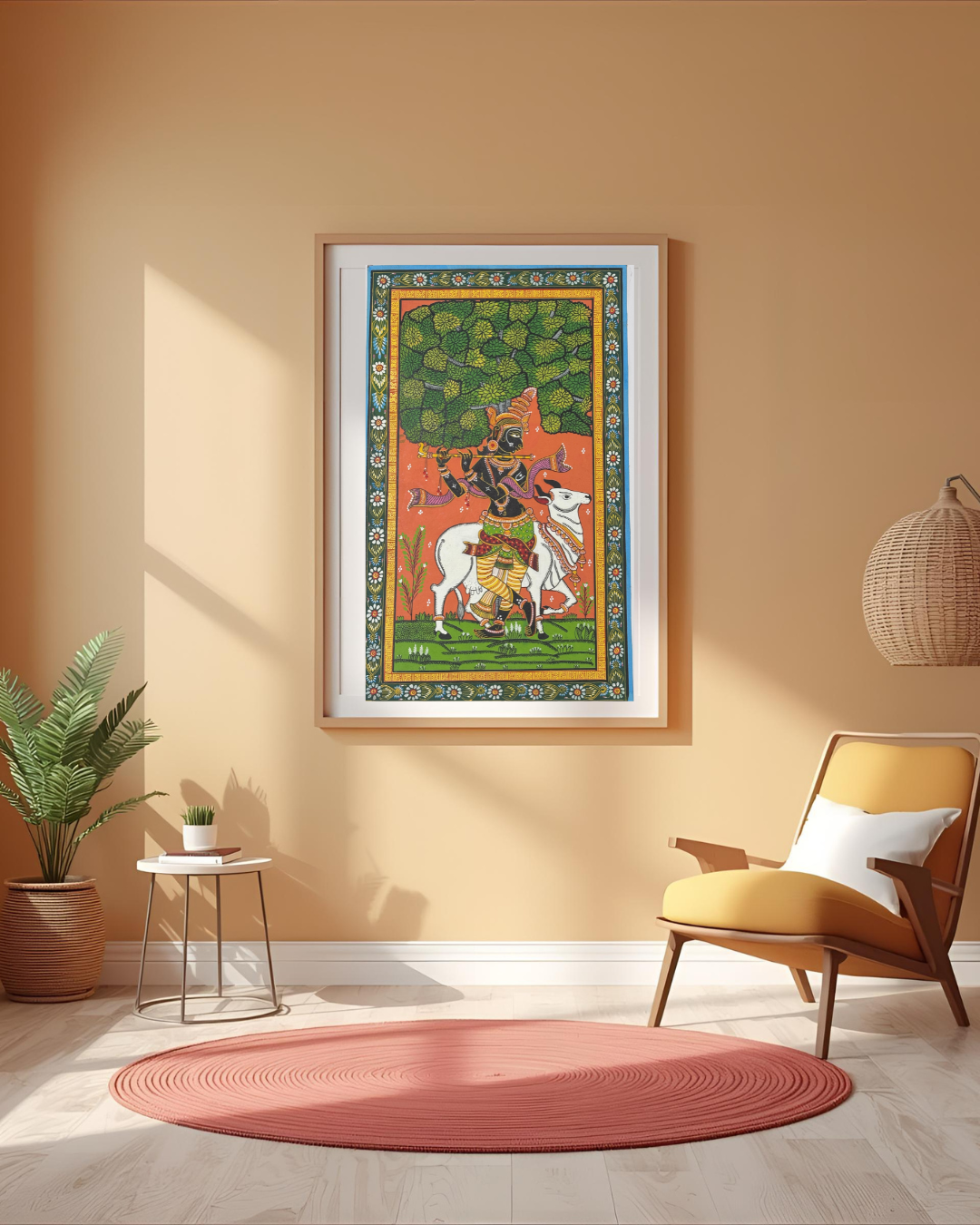 Krishna with His Sacred Cow – Handpainted Pattachitra