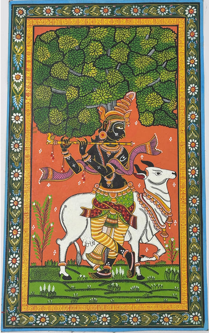Krishna with His Sacred Cow – Handpainted Pattachitra