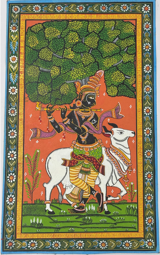 Krishna with His Sacred Cow – Handpainted Pattachitra